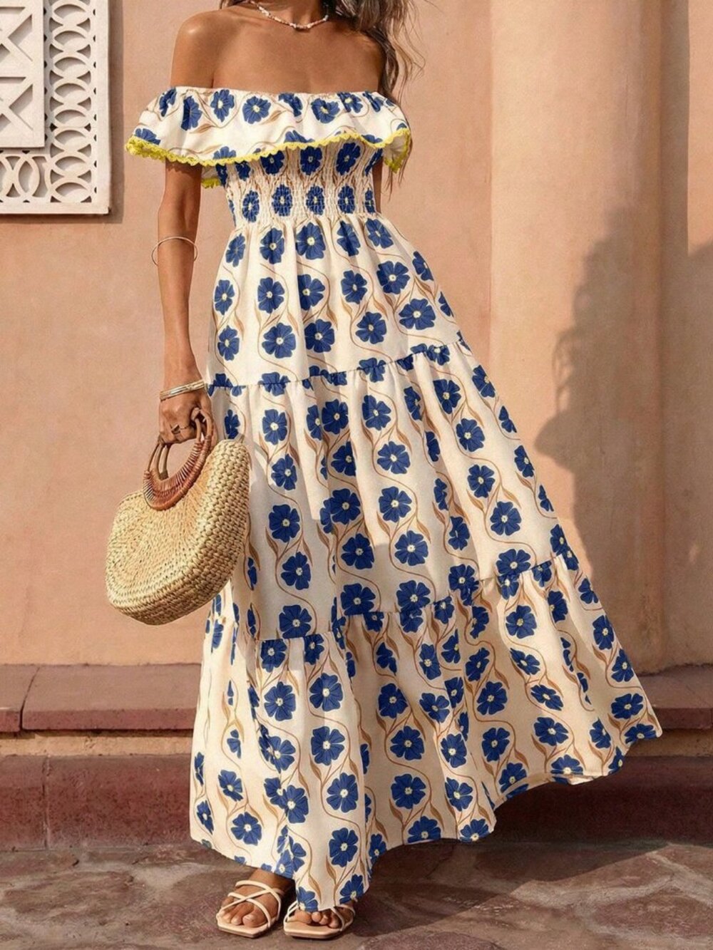 Navy Blue Boho Women's Elegant Long Dress with Ruffle - Picture 6 of 7